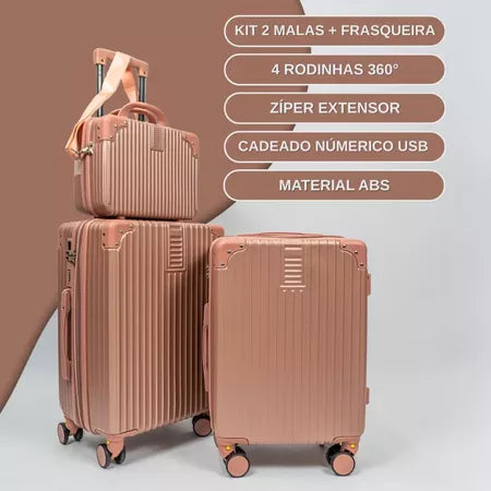 Compre 1 Leve 3 Malas Bordo Viagem + Frasqueira | Cadeado Numérico | Padrão ANAC | Rodinhas 360°